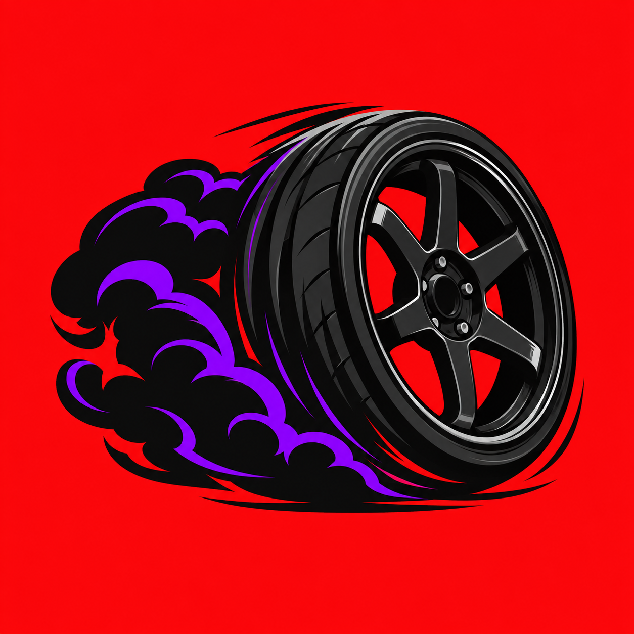 ModKaki black performance wheel accelerating through black and purple smoke on a red background